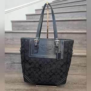 Coach Leatherware Signature Black Canvas Leather Trim Top Handle Tote Bag
